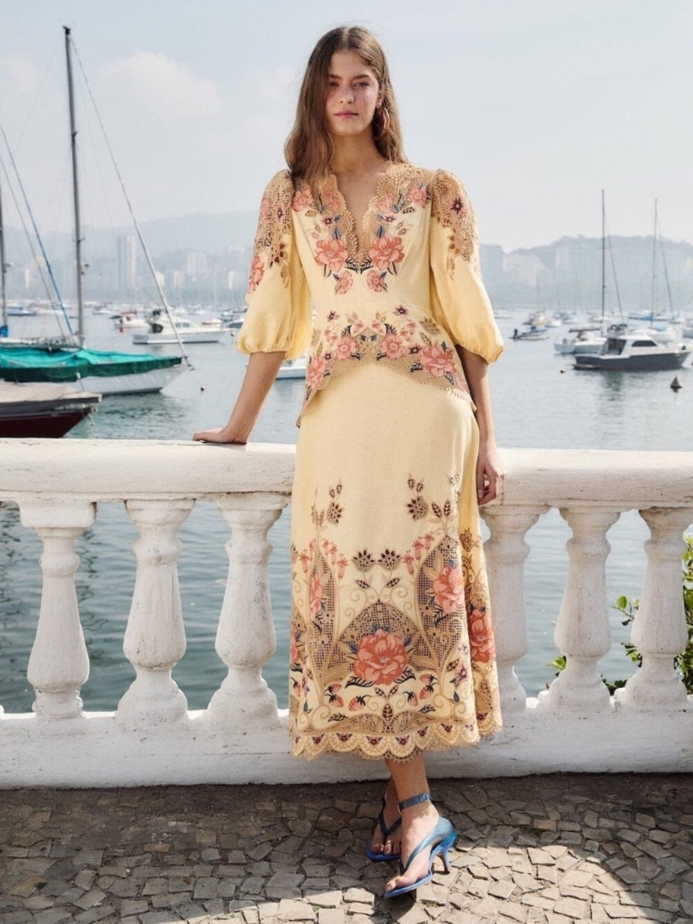 Farm rio butter yellow embroidered midi dress